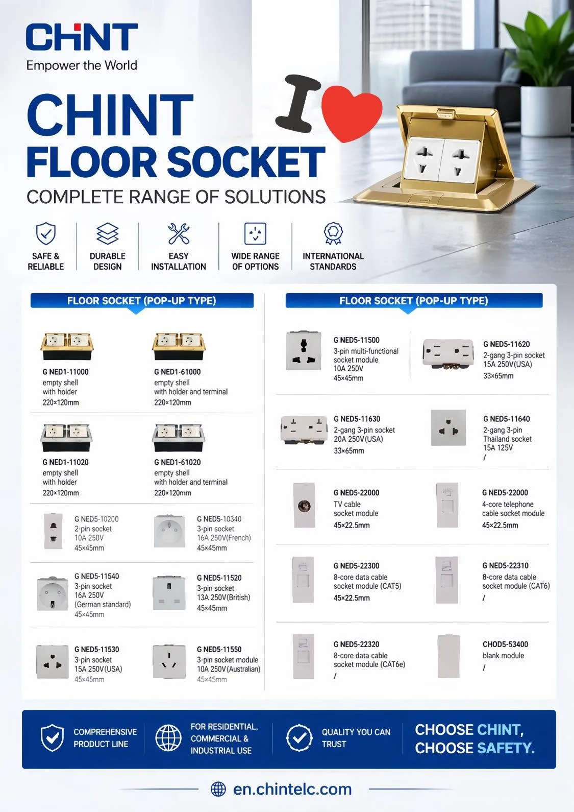 CHINT FLOOR SOCKET POP-UP FLOOR SOCKET FOR MODERN SPACES NED-SERIES