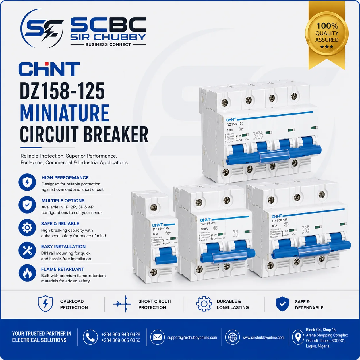 CHINT MCCB DZ158 1P 2P 3P 4P POWER CIRCUIT BREAKER C-TYPE