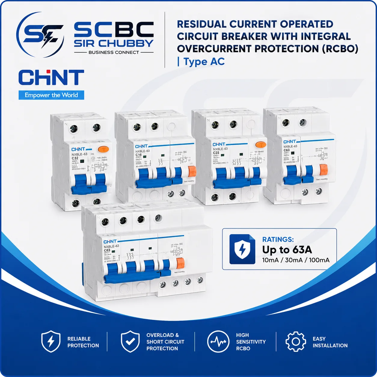 CHINT NB1L RESIDUAL CURRENT OPERATED CIRCUIT BREAKER - With Integral Overcurrent Protection Type AC RCBO