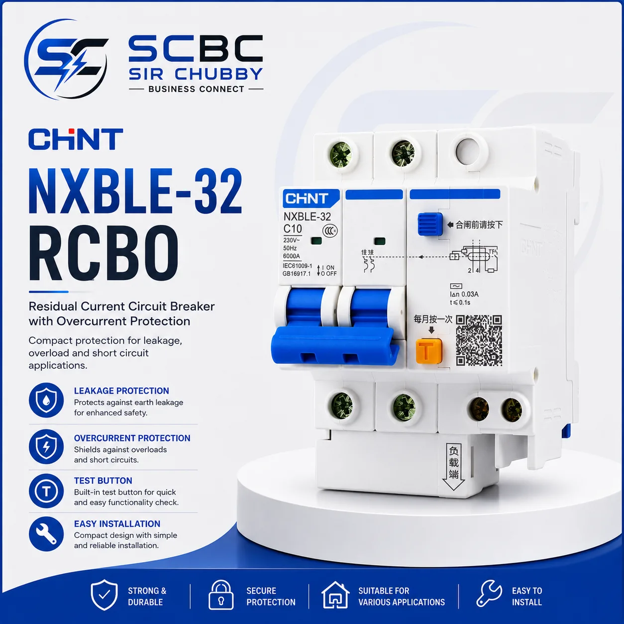 CHINT NXBLE-32 MCCB RESIDUAL CURRENT OPERATED CIRCUIT BREAKER LEAKAGE PROTECTOR (RCBO)