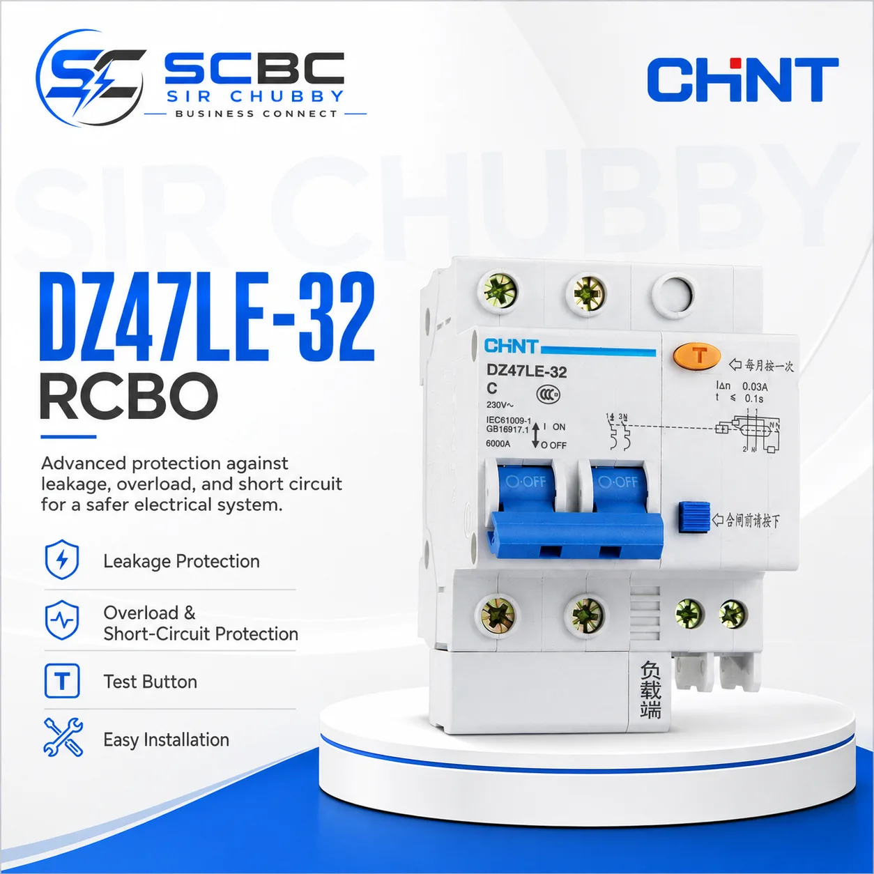 CHINT DZ47LE-63 RESIDUAL CURRENT CIRCUIT BREAKER WITH OVERCURRENT PROTECTION